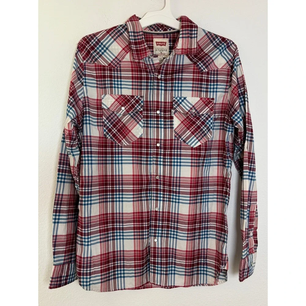 Levis Modern Mens Western Shirt M Red Blue White Plaid Snap Front Long Sleeve